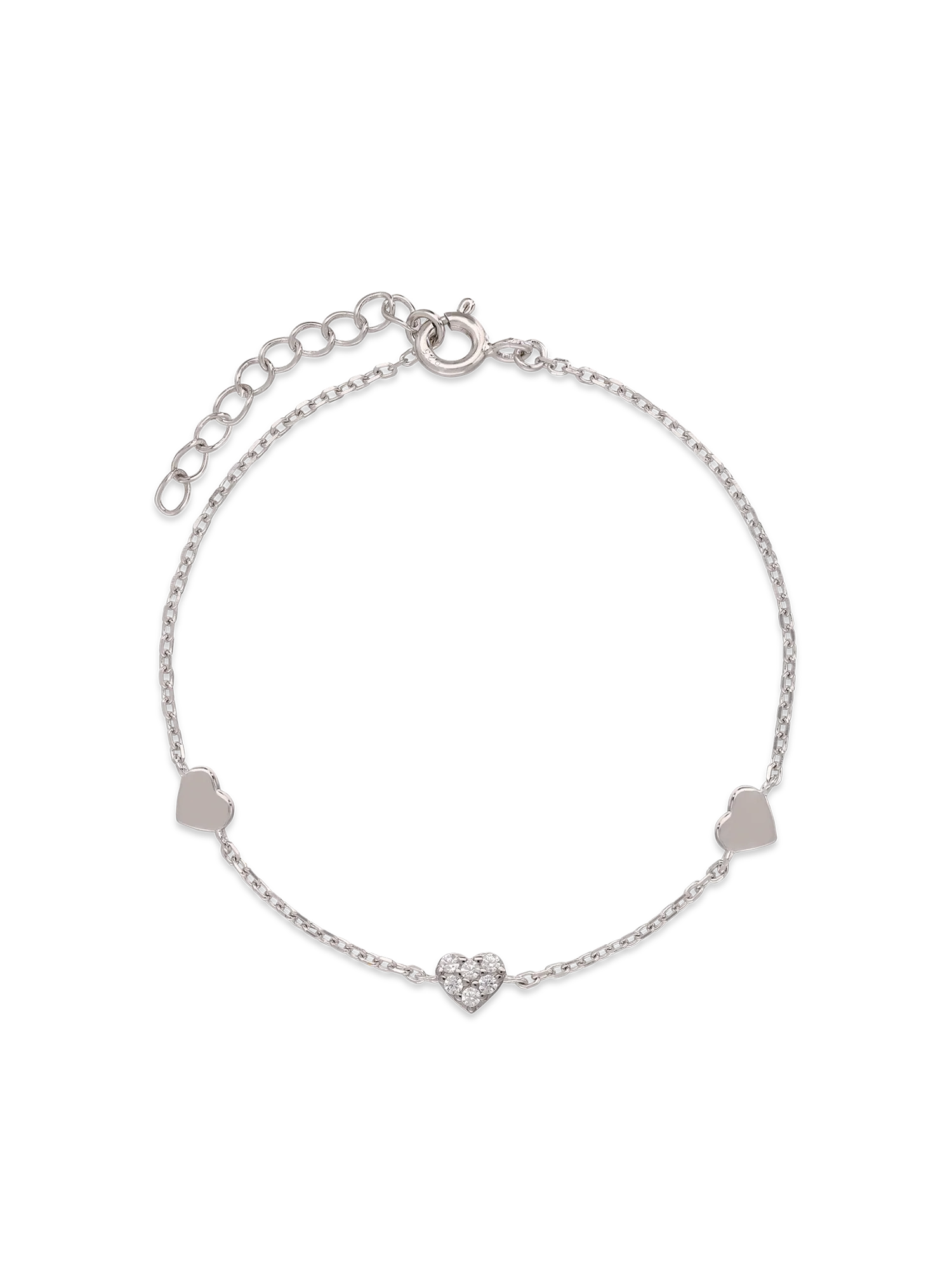Pulseira delicada em prata 925 com corações e zircónias