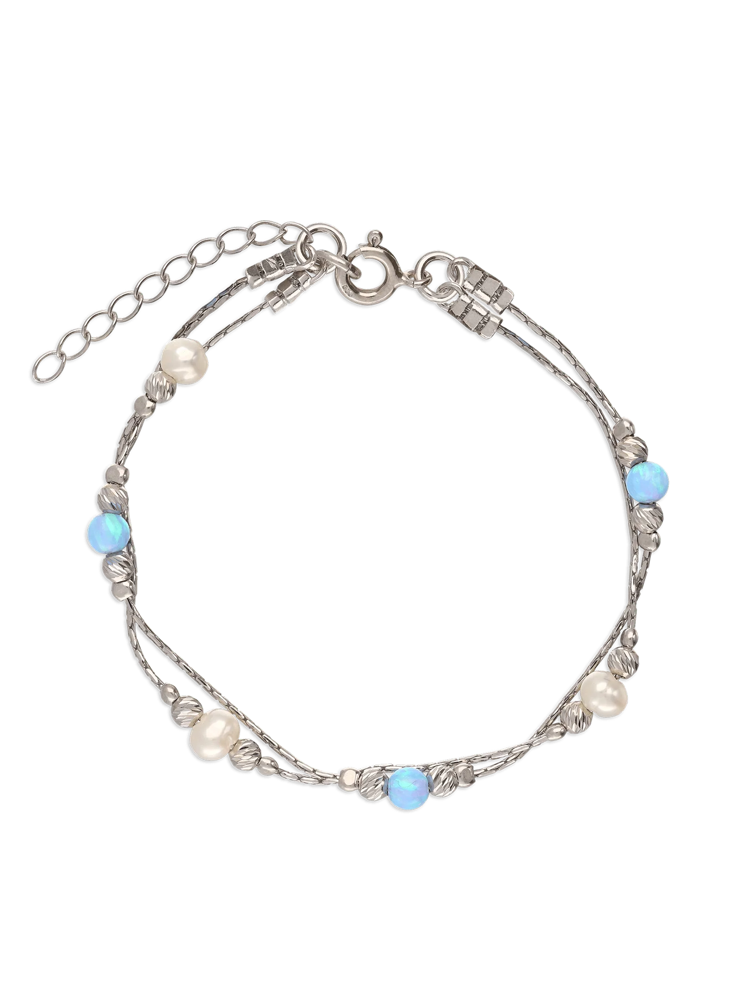 Pulseira dupla em prata 925 com pérola e opala azul