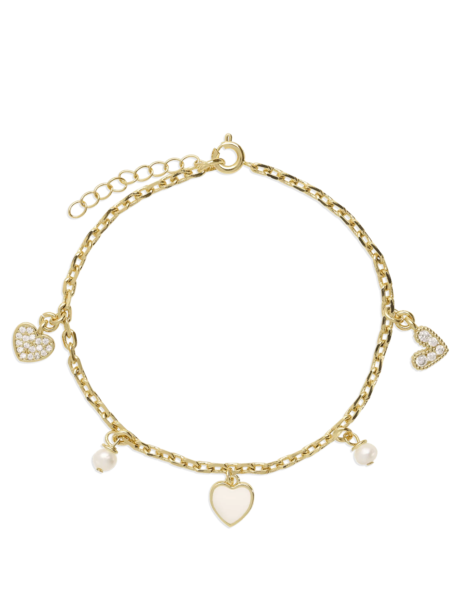 Pulseira delicada banhada a ouro com zircónia, pérola e esmalte branco