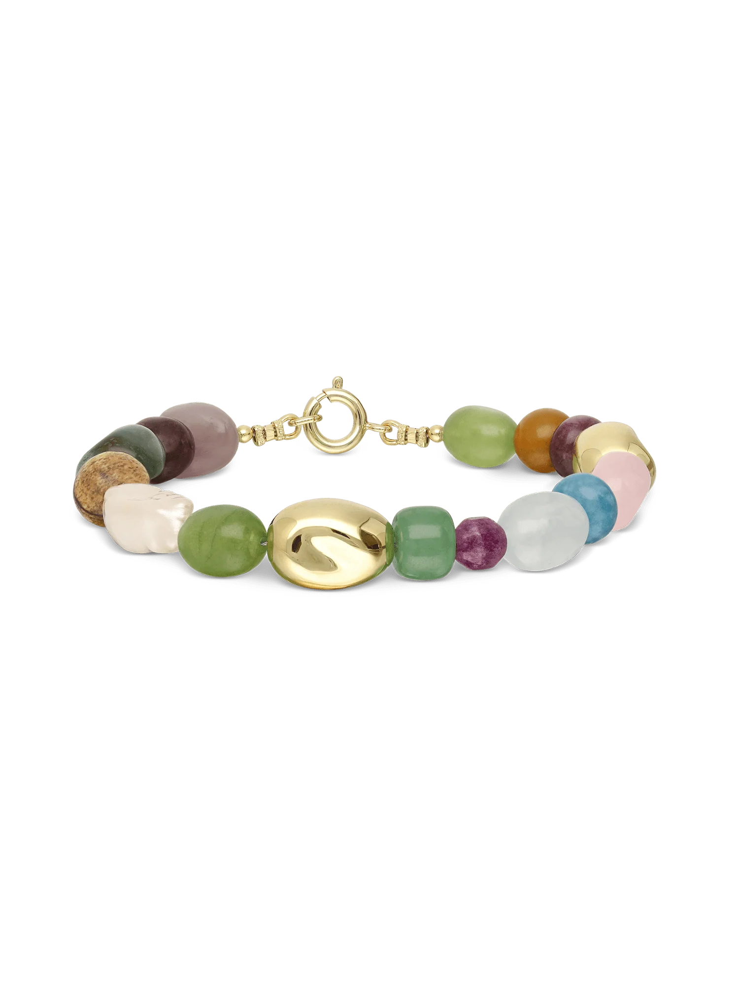 Pulseira de pedras banhada a ouro com ametista, quartzo, pérola e jadeíte colorido