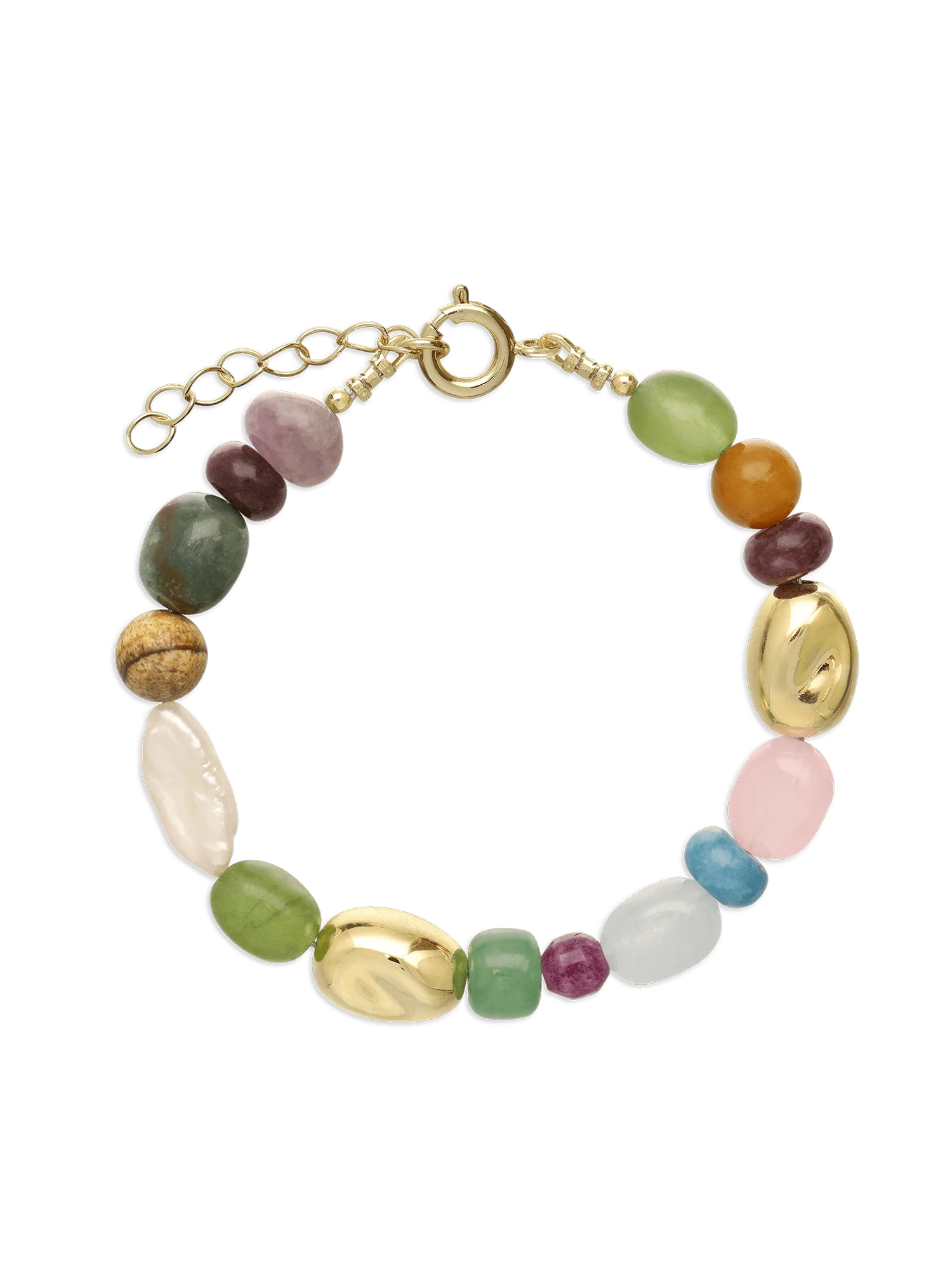 Pulseira de pedras banhada a ouro com ametista, quartzo, pérola e jadeíte colorido - Image 2