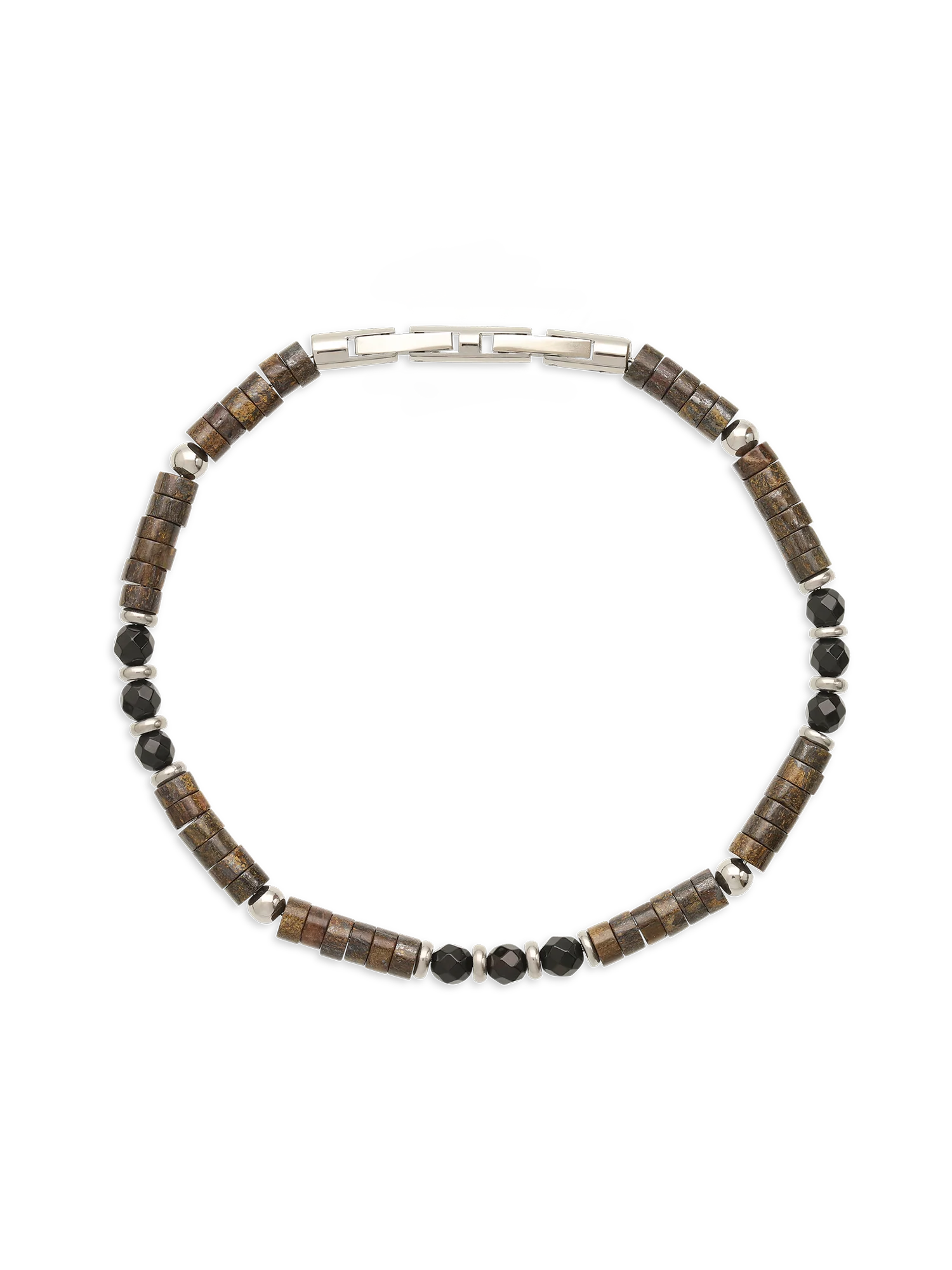 Pulseira masculina em aço inoxidável com ónix, hematite e olho-de-tigre colorido