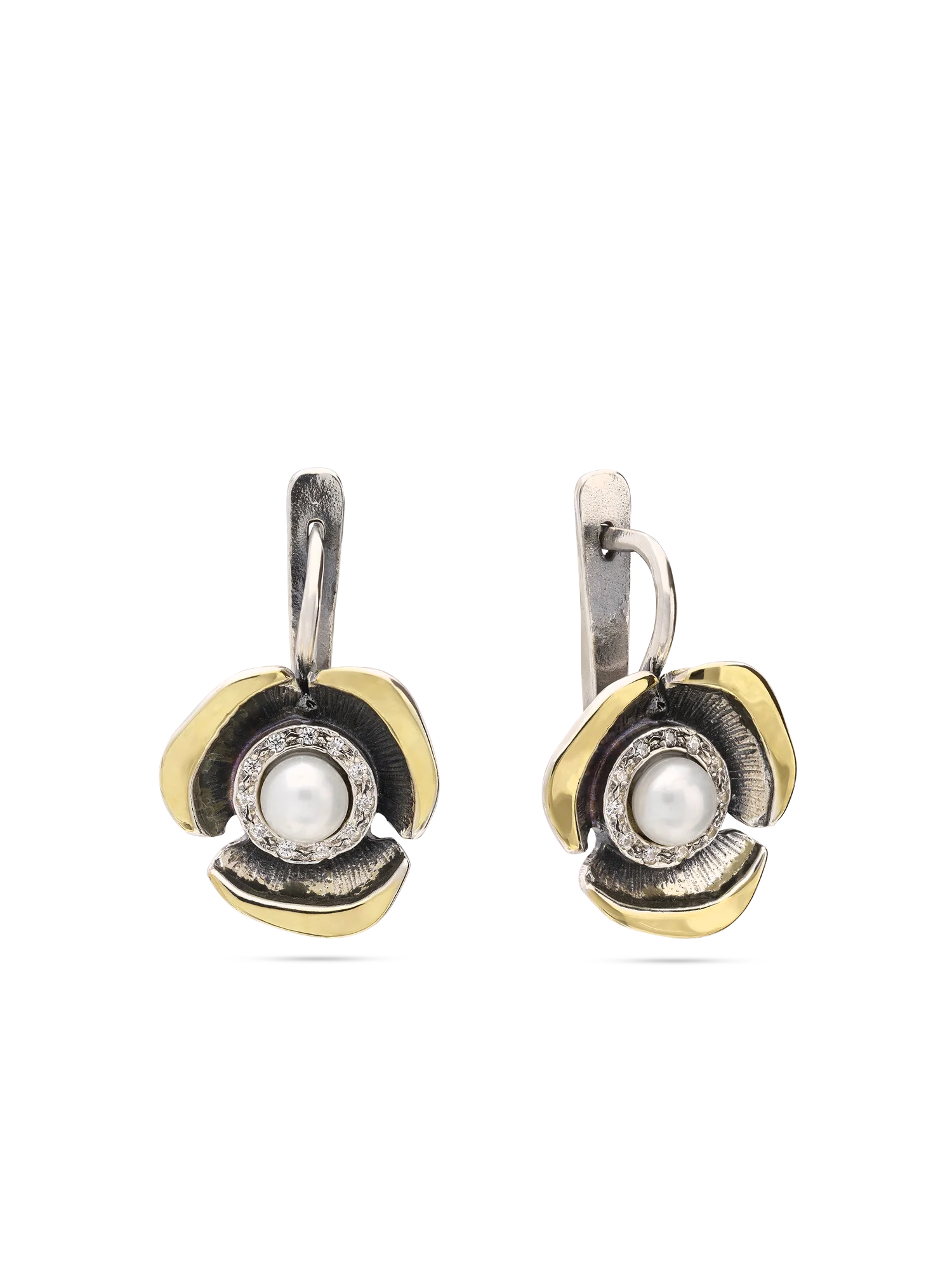 Pendentes em prata 925 e ouro 9K com zircónia e pérola