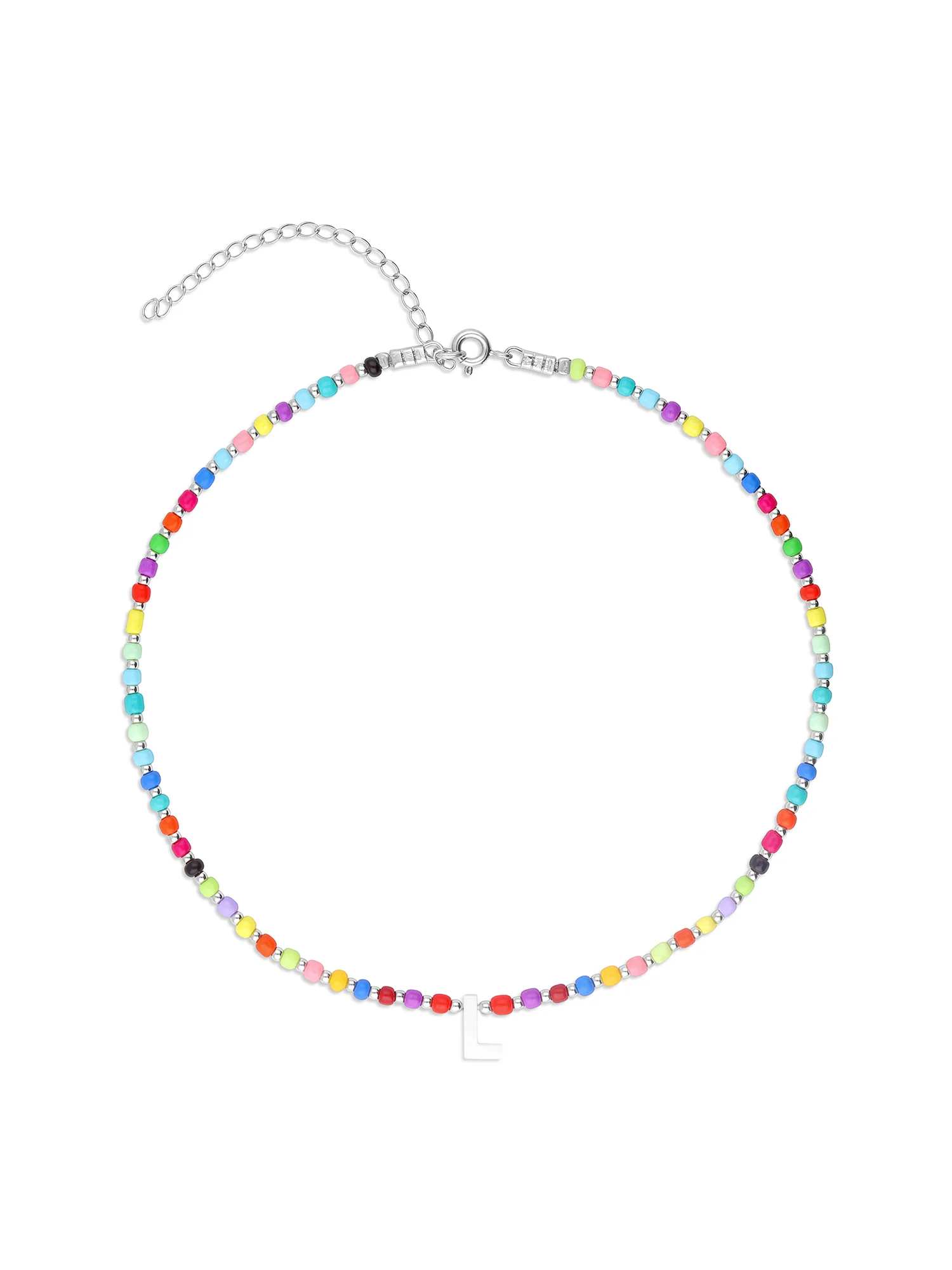 Colar choker "L" em prata 925 com madrepérola e cristal colorido