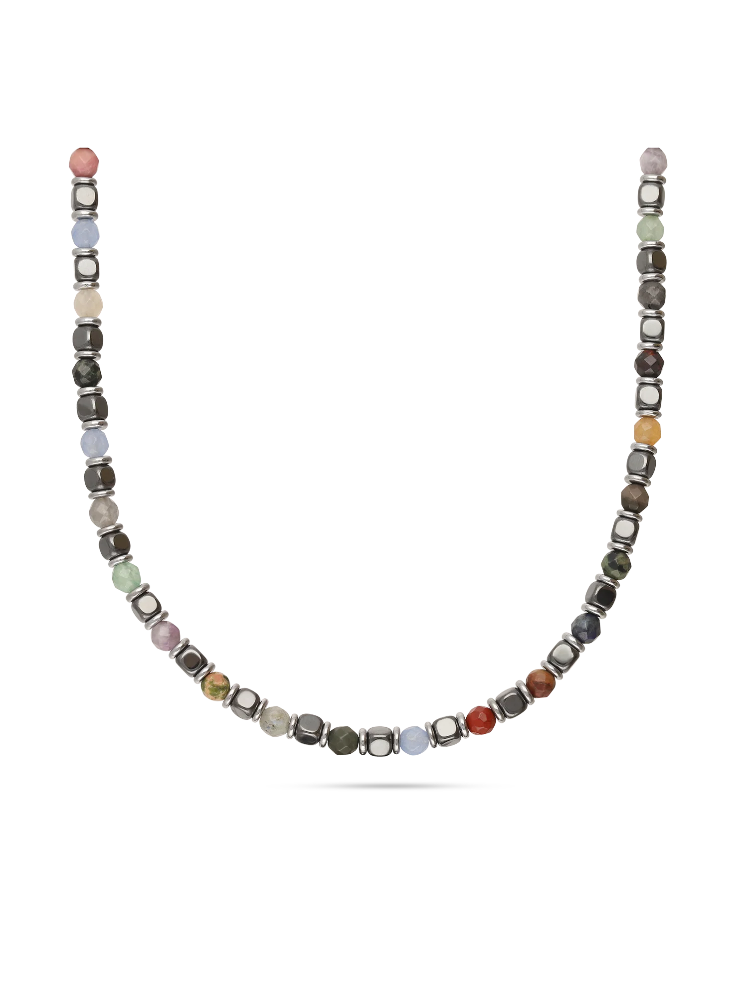 Colar masculino em aço inoxidável com ágata, hematite e jaspe colorido