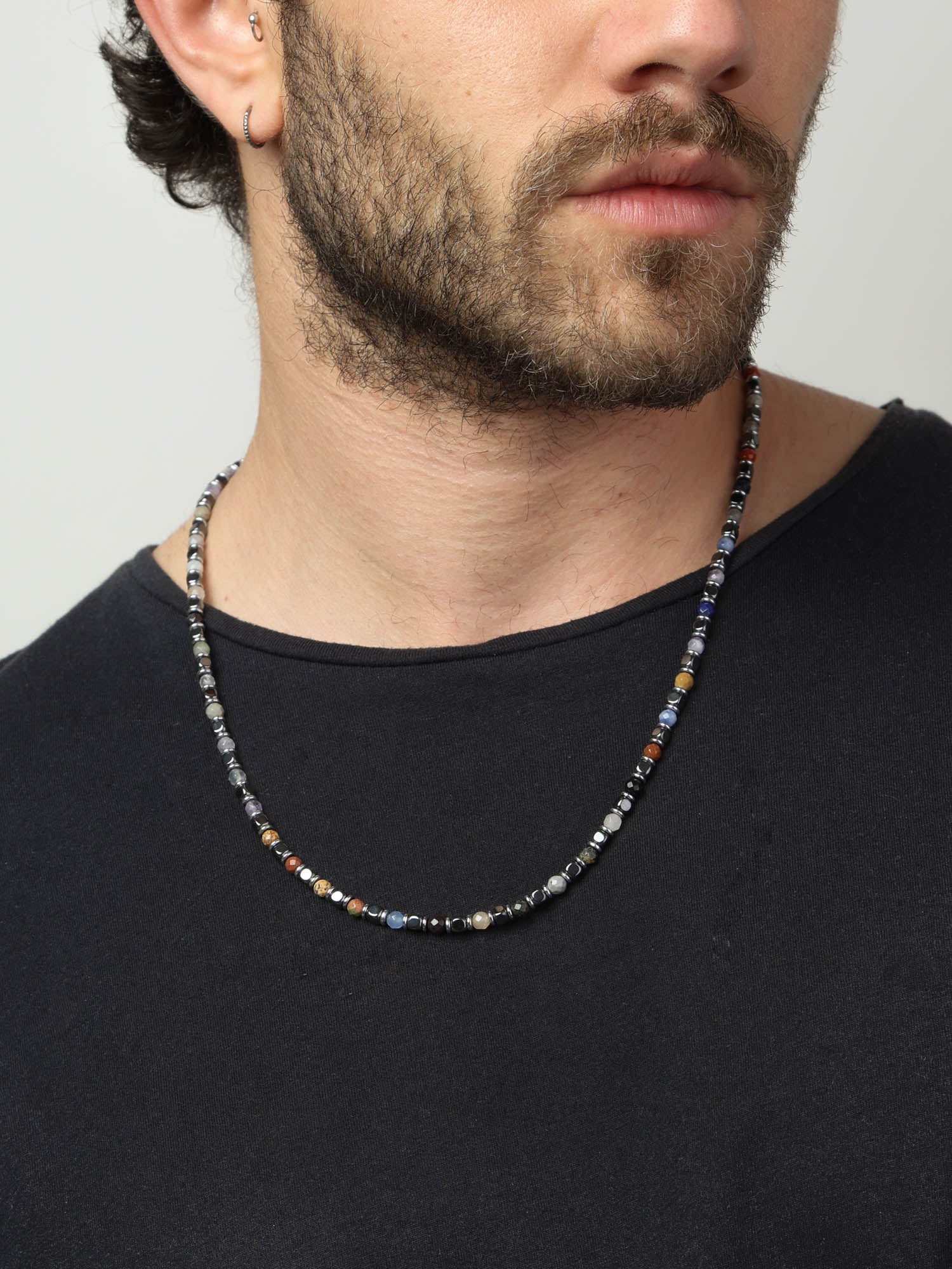 Colar masculino em aço inoxidável com ágata, hematite e jaspe colorido - Image 2