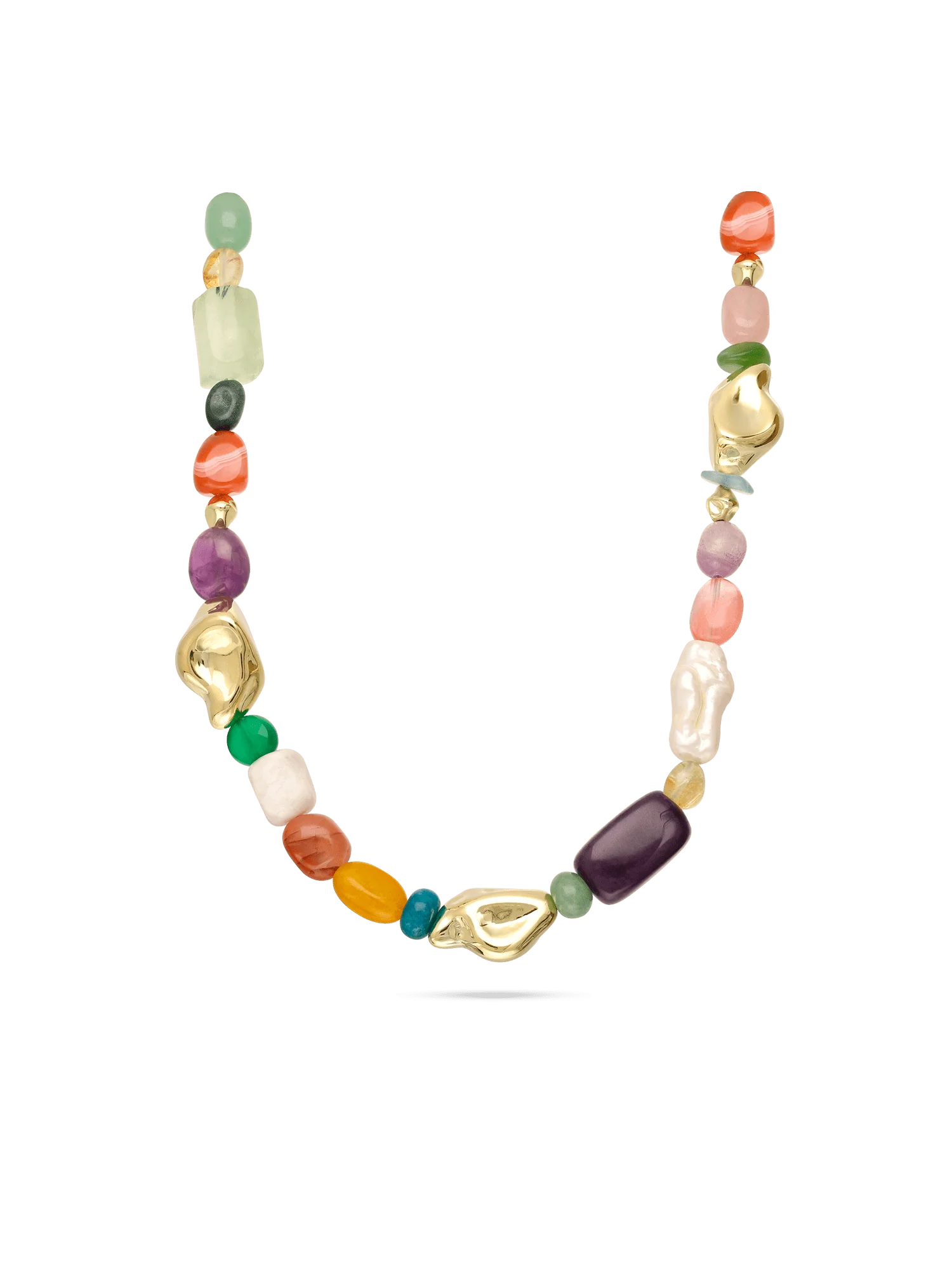Colar de pedra banhado a ouro com ametista, quartzo, pérola e jadeíte colorido