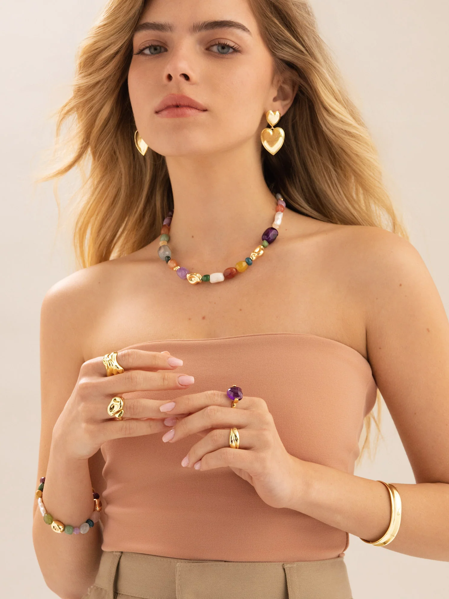 Colar de pedra banhado a ouro com ametista, quartzo, pérola e jadeíte colorido - Image 2