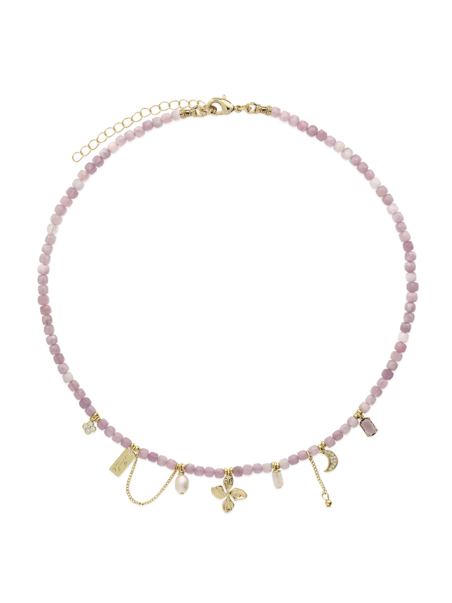 Colar choker banhado a ouro com pérola e quartzo violeta