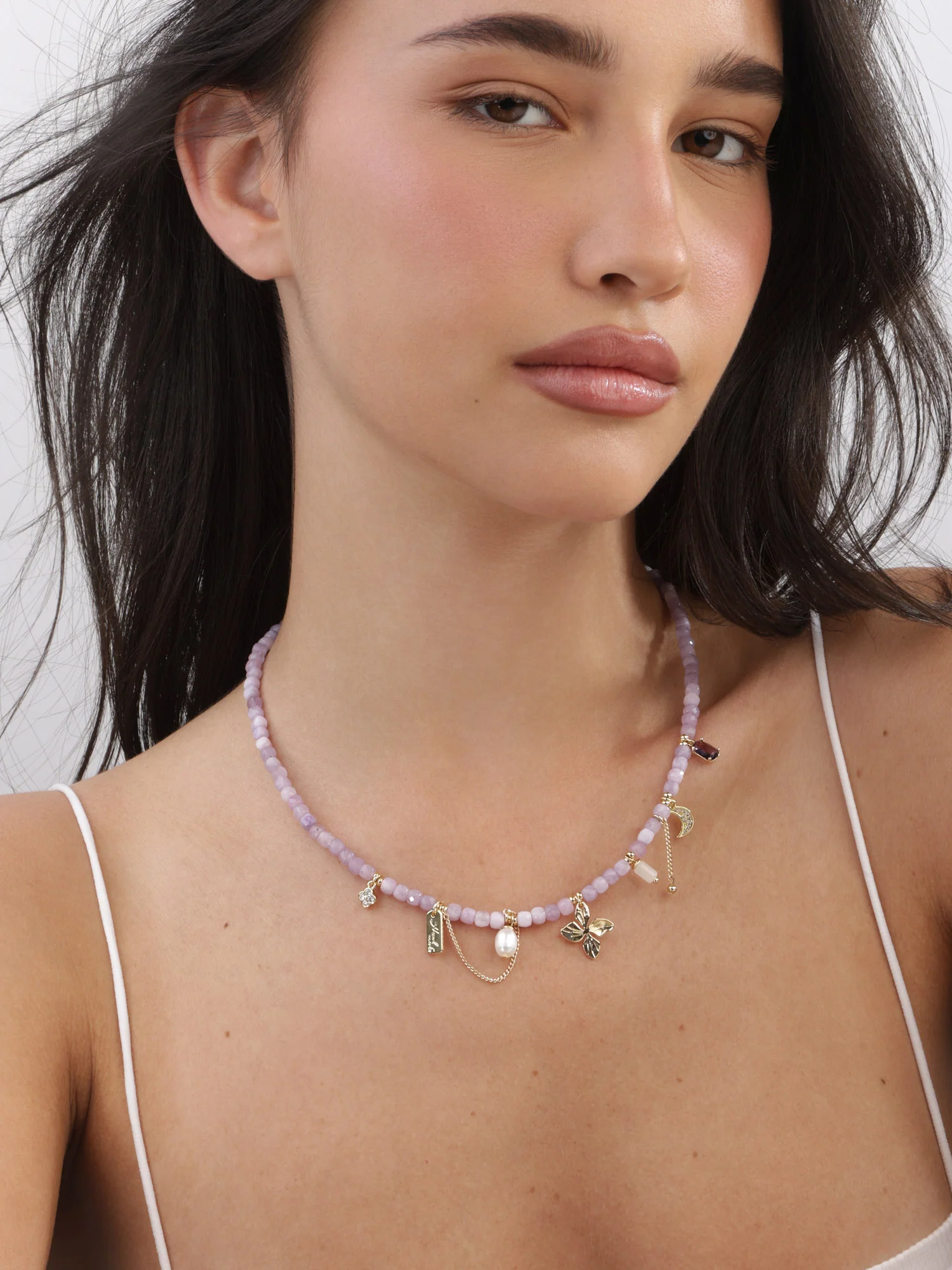Colar choker banhado a ouro com pérola e quartzo violeta - Image 2