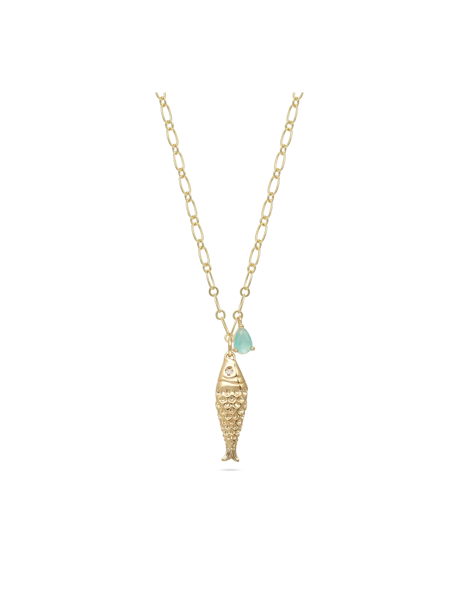 Fio com pendente peixe banhado a ouro com zircónia e cristal