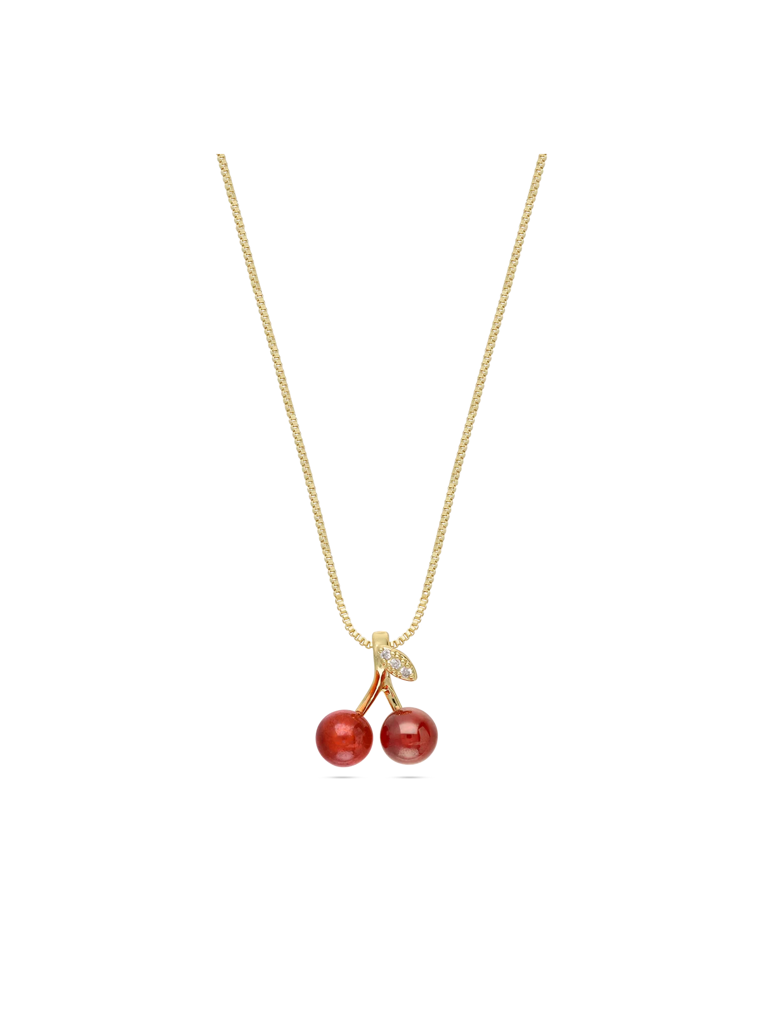 Fio com pendente cereja banhado a ouro com zircónias e cristal vermelho
